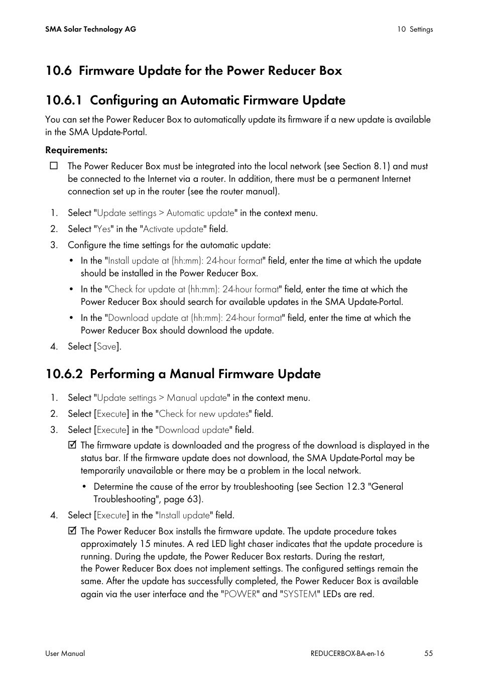 6 firmware update for the power reducer box, 1 configuring an automatic firmware update, 2 performing a manual firmware update | Firmware update for the power reducer box, Configuring an automatic firmware update, Performing a manual firmware update | SMA POWER REDUCER BOX User Manual | Page 55 / 80