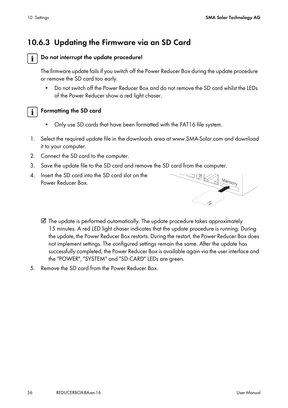 3 updating the firmware via an sd card, Updating the firmware via an sd card | SMA POWER REDUCER BOX User Manual | Page 56 / 80