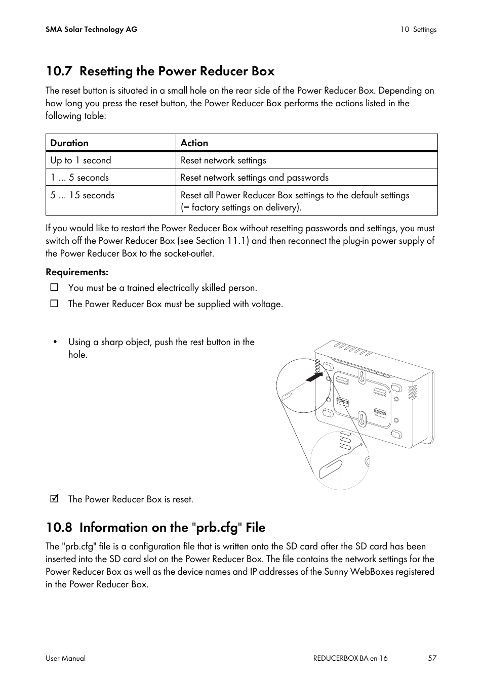 7 resetting the power reducer box, 8 information on the "prb.cfg" file, Resetting the power reducer box | Information on the "prb.cfg" file, See section 10.8), 8 information on the " prb.cfg " file | SMA POWER REDUCER BOX User Manual | Page 57 / 80
