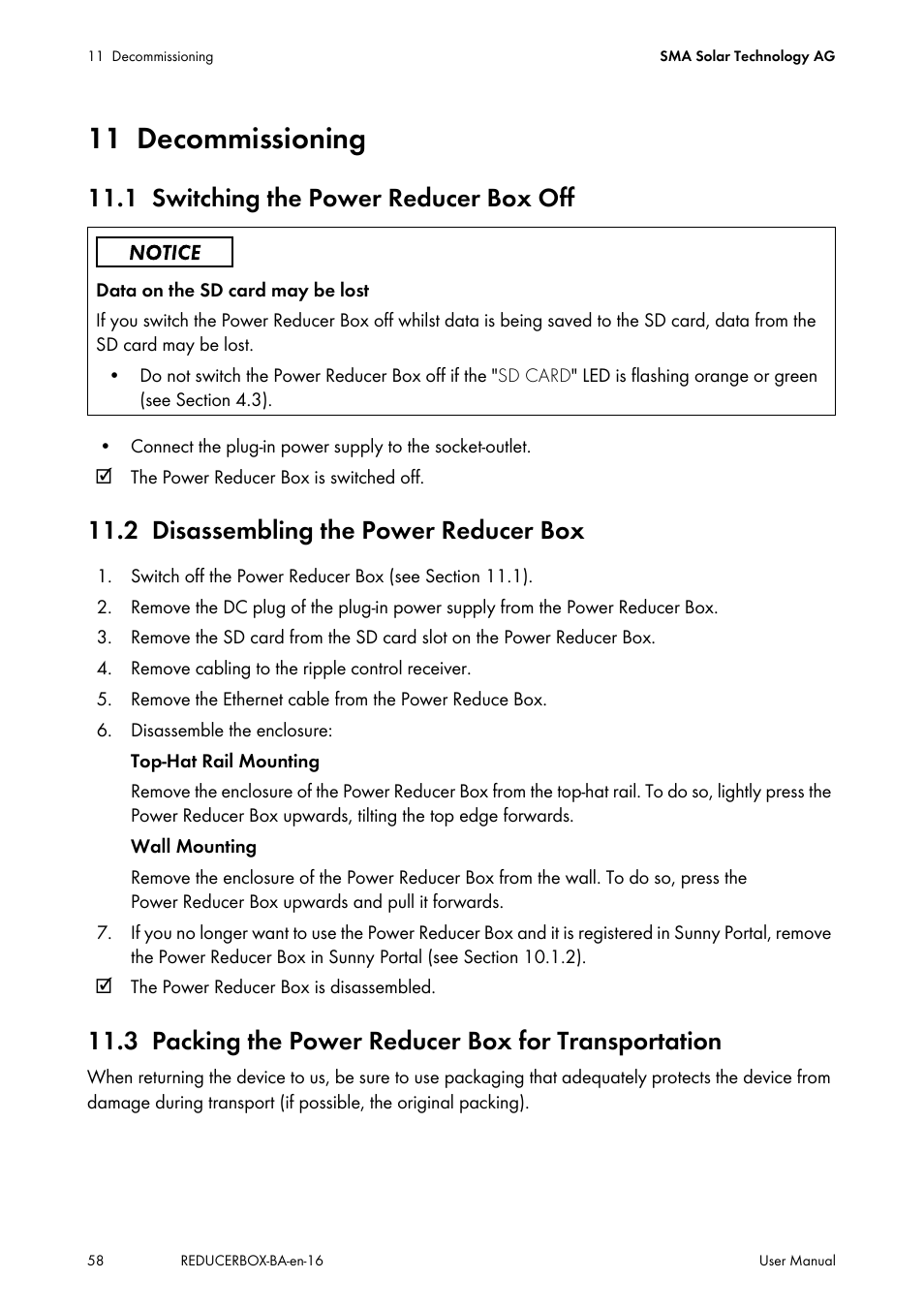11 decommissioning, 1 switching the power reducer box off, 2 disassembling the power reducer box | 3 packing the power reducer box for transportation, Decommissioning, Switching the power reducer box off, Disassembling the power reducer box, Packing the power reducer box for transportation | SMA POWER REDUCER BOX User Manual | Page 58 / 80