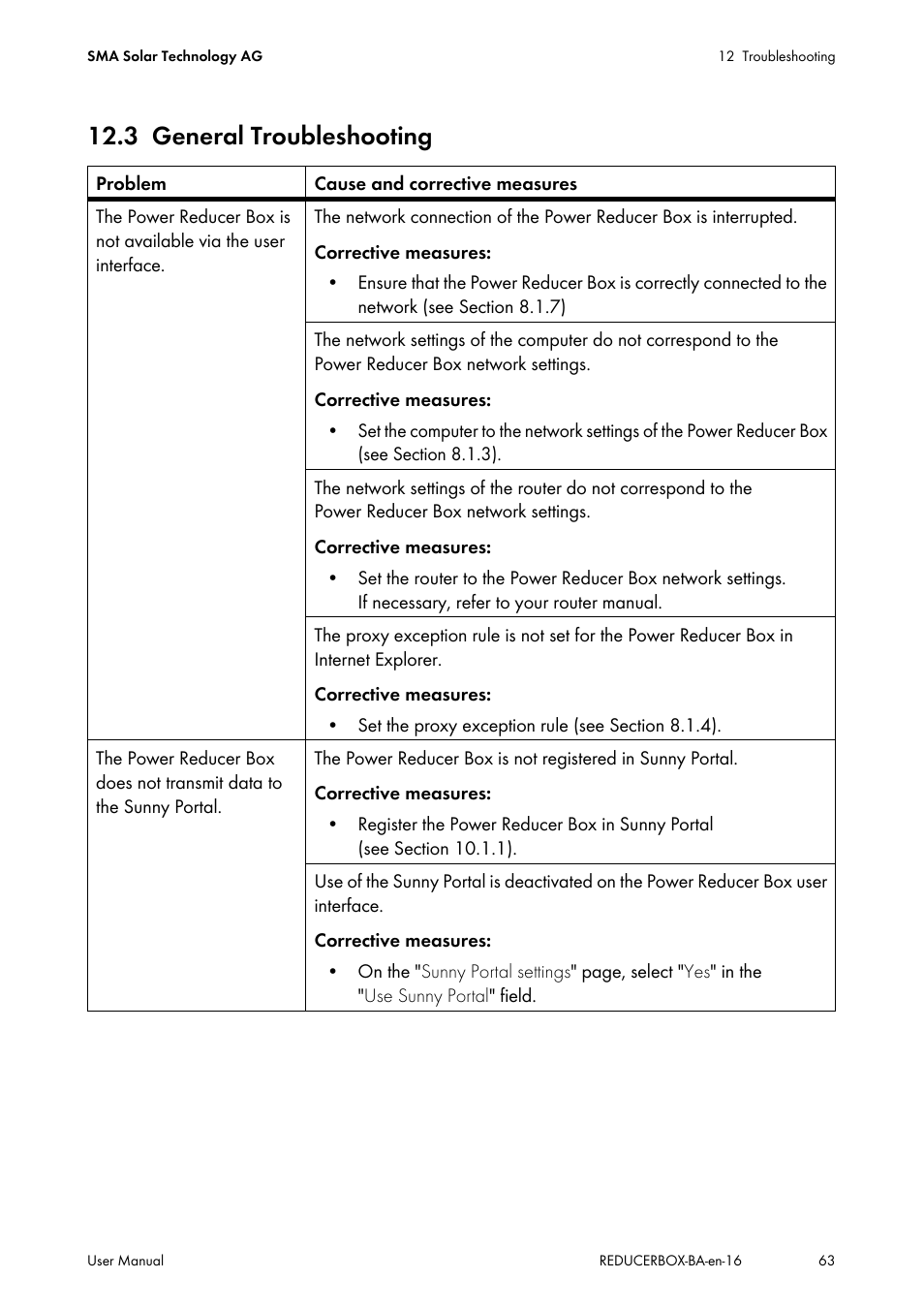 3 general troubleshooting, General troubleshooting | SMA POWER REDUCER BOX User Manual | Page 63 / 80