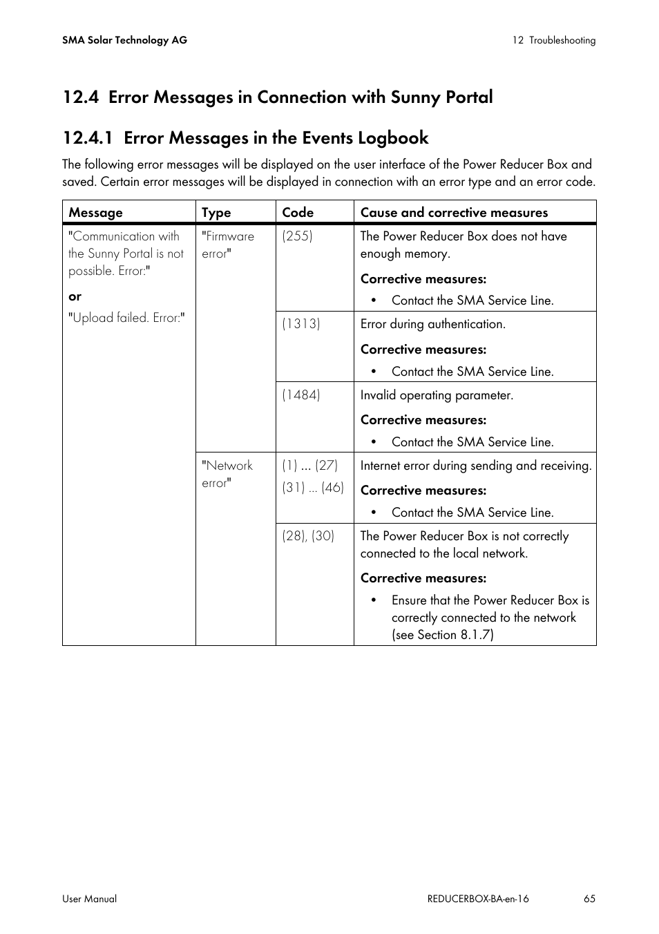 4 error messages in connection with sunny portal, 1 error messages in the events logbook, Error messages in connection with sunny portal | Error messages in the events logbook | SMA POWER REDUCER BOX User Manual | Page 65 / 80
