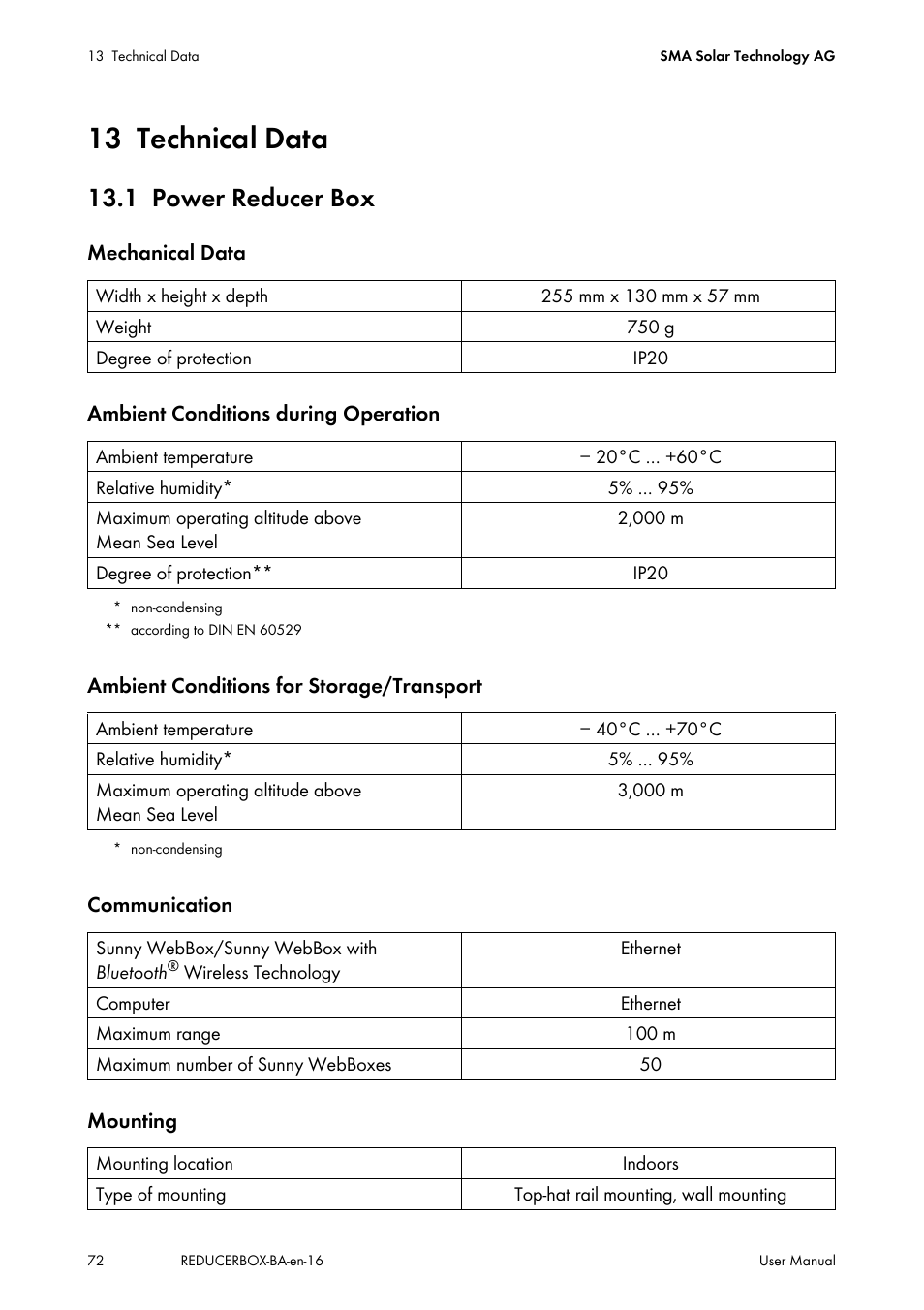 13 technical data, 1 power reducer box, Technical data | Power reducer box | SMA POWER REDUCER BOX User Manual | Page 72 / 80