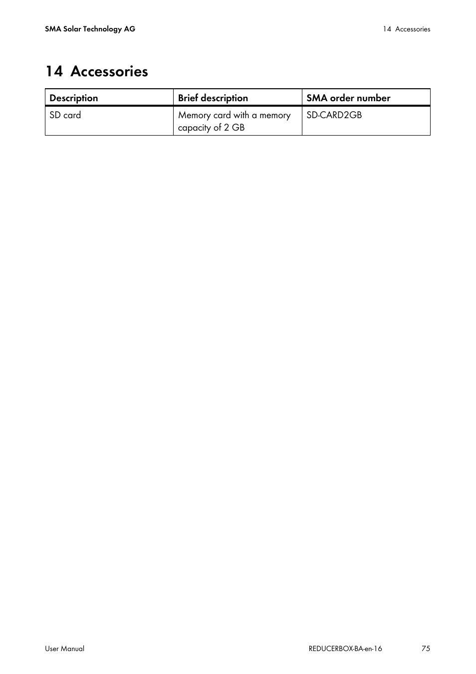 14 accessories, Accessories | SMA POWER REDUCER BOX User Manual | Page 75 / 80