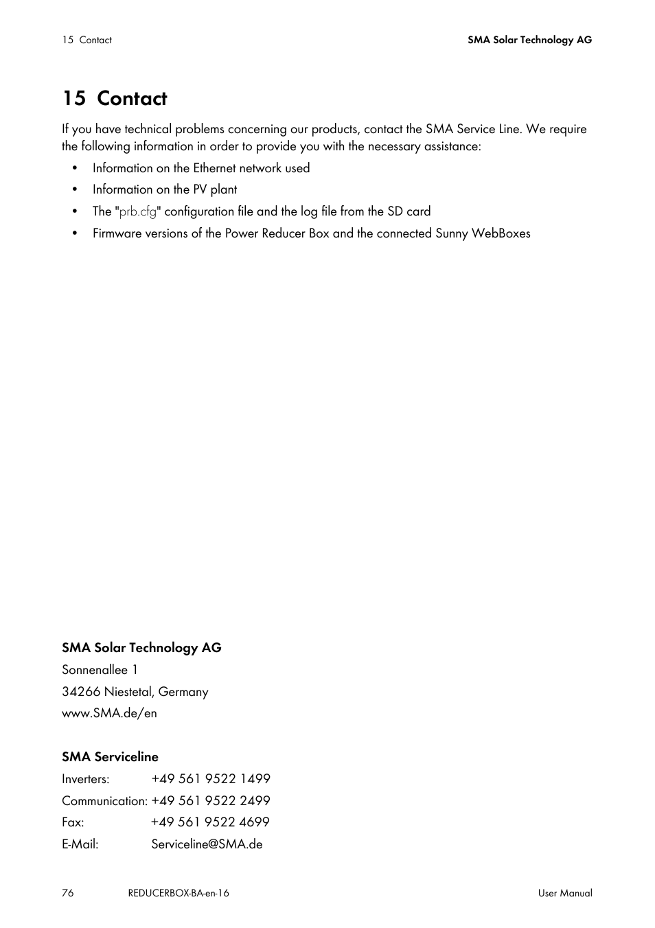 15 contact, Contact | SMA POWER REDUCER BOX User Manual | Page 76 / 80
