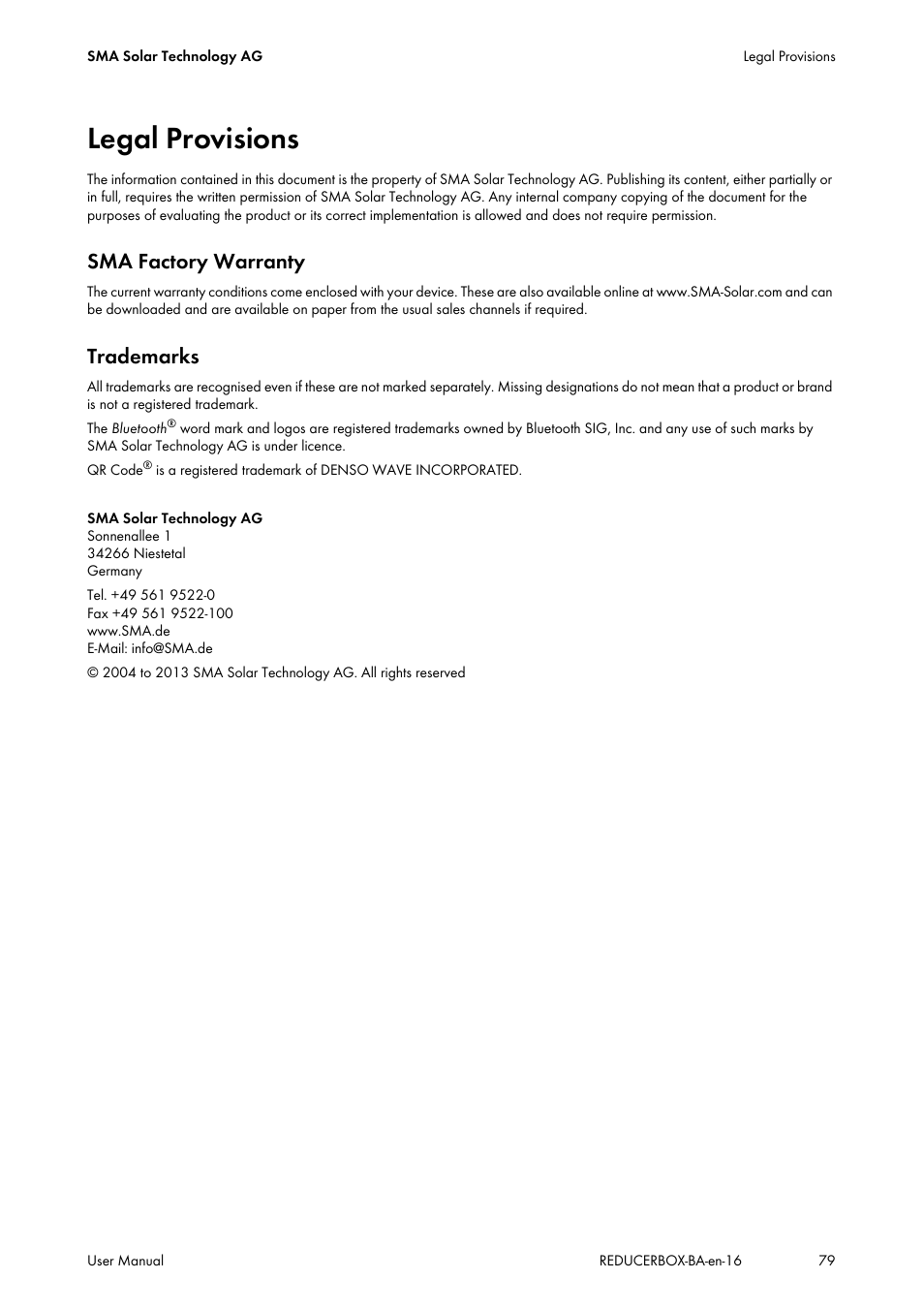 Legal provisions, Sma factory warranty, Trademarks | SMA POWER REDUCER BOX User Manual | Page 79 / 80