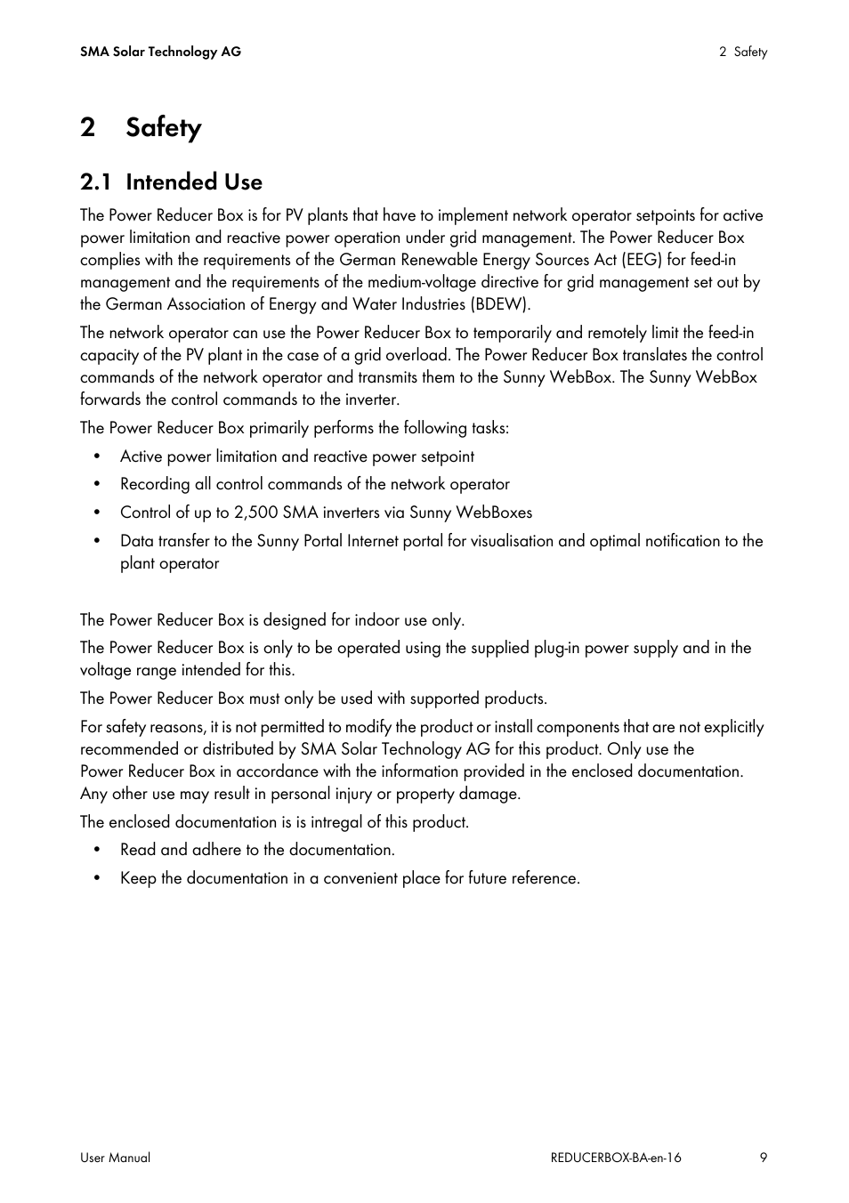 2 safety, 1 intended use, Safety | Intended use | SMA POWER REDUCER BOX User Manual | Page 9 / 80