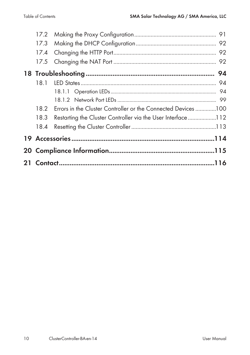 18 troubleshooting | SMA CLUSTER CONTROLLER User Manual | Page 10 / 118