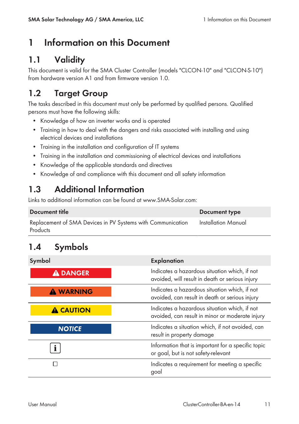 1 information on this document, 1 validity, 2 target group | 3 additional information, 4 symbols, Information on this document, Validity, Target group, Additional information, Symbols | SMA CLUSTER CONTROLLER User Manual | Page 11 / 118