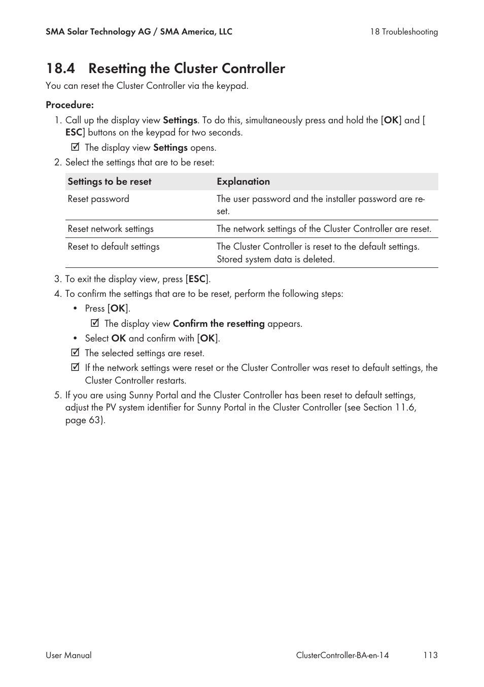 4 resetting the cluster controller | SMA CLUSTER CONTROLLER User Manual | Page 113 / 118