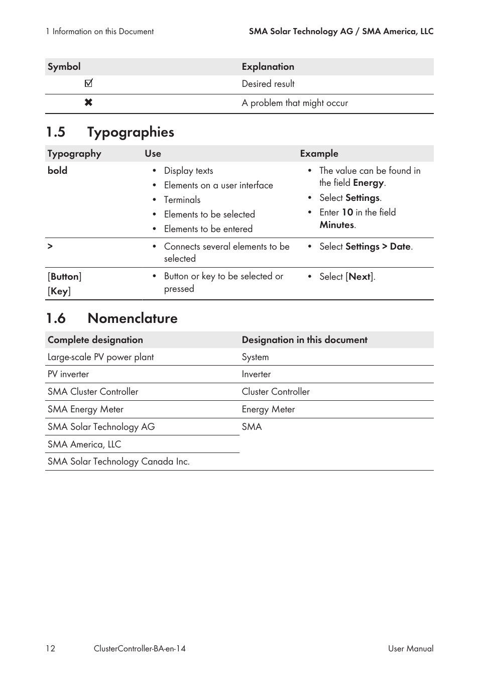 5 typographies, 6 nomenclature, Typographies | Nomenclature | SMA CLUSTER CONTROLLER User Manual | Page 12 / 118