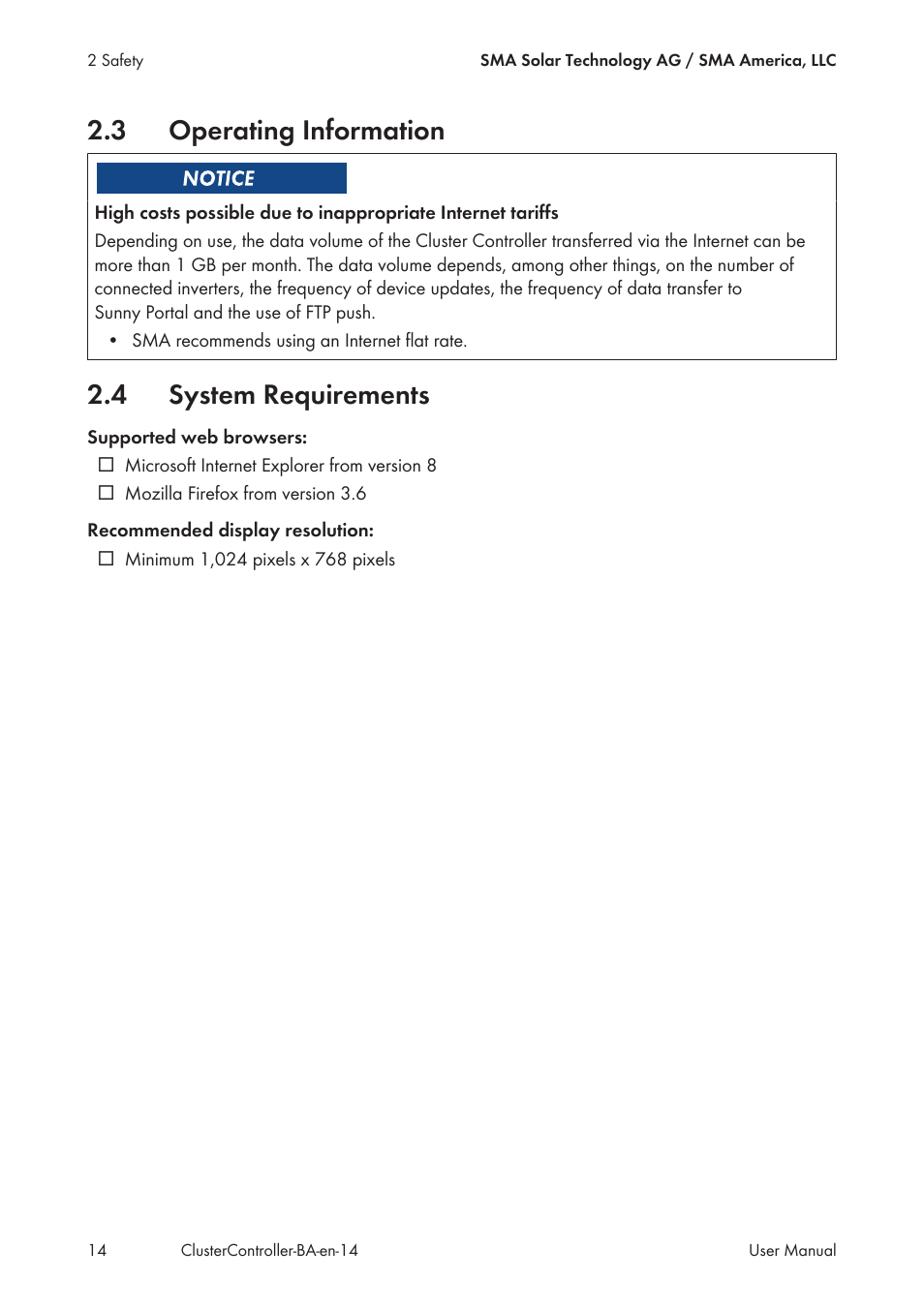 3 operating information, 4 system requirements, Operating information | System requirements | SMA CLUSTER CONTROLLER User Manual | Page 14 / 118