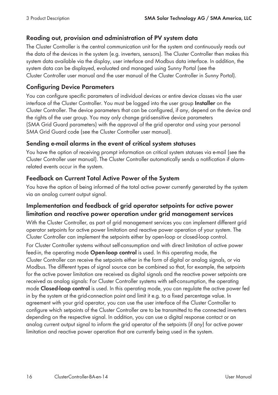 SMA CLUSTER CONTROLLER User Manual | Page 16 / 118