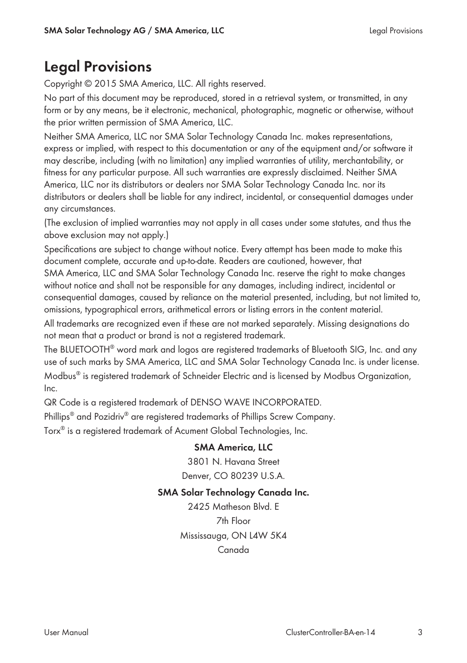 Legal provisions | SMA CLUSTER CONTROLLER User Manual | Page 3 / 118