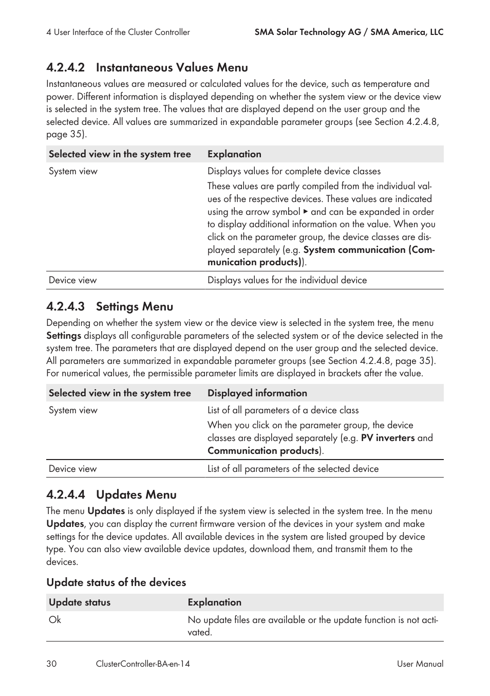 2 instantaneous values menu, 3 settings menu, 4 updates menu | Instantaneous values menu, Settings menu, Updates menu | SMA CLUSTER CONTROLLER User Manual | Page 30 / 118