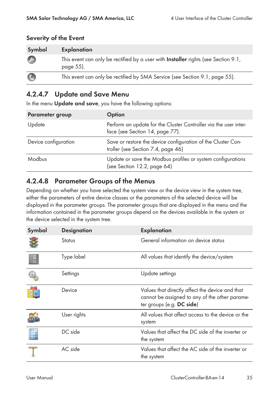 7 update and save menu, 8 parameter groups of the menus, Update and save menu | Parameter groups of the menus | SMA CLUSTER CONTROLLER User Manual | Page 35 / 118
