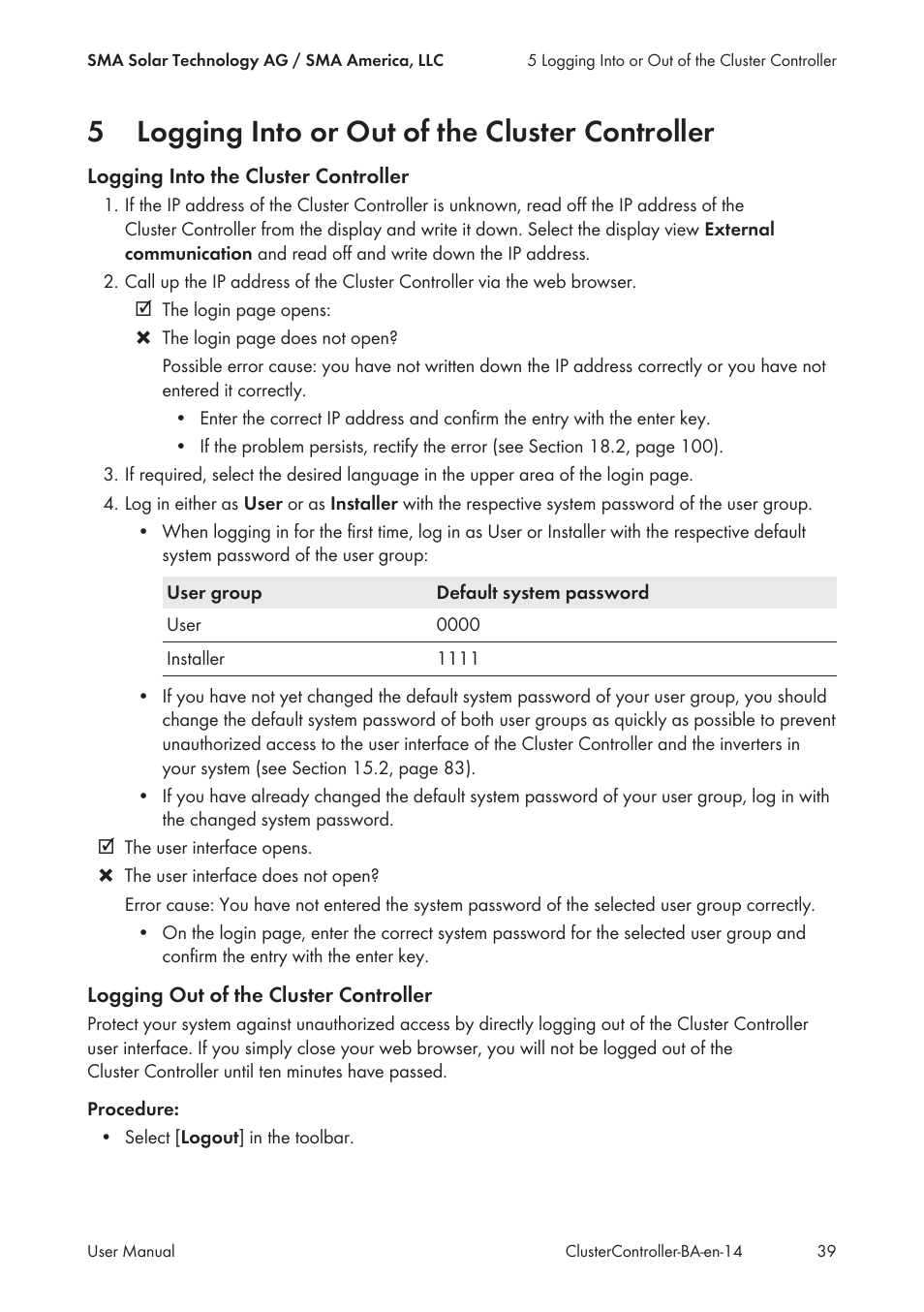 5 logging into or out of the cluster controller, Logging into or out of the cluster controller, 5logging into or out of the cluster controller | SMA CLUSTER CONTROLLER User Manual | Page 39 / 118
