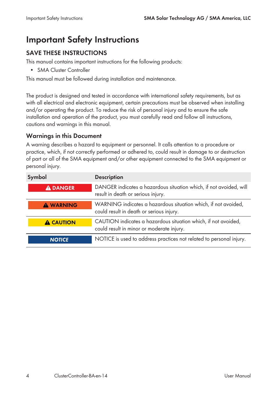 Important safety instructions | SMA CLUSTER CONTROLLER User Manual | Page 4 / 118