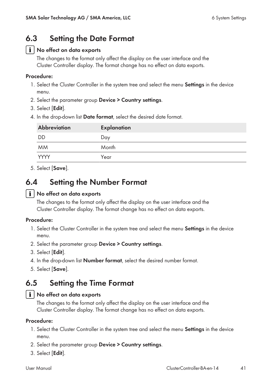 3 setting the date format, 4 setting the number format, 5 setting the time format | Setting the date format, Setting the number format, Setting the time format | SMA CLUSTER CONTROLLER User Manual | Page 41 / 118