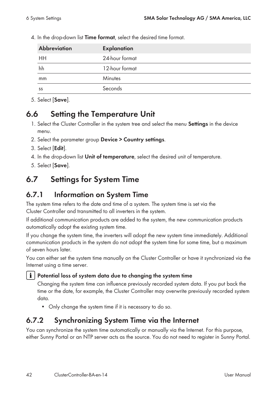 6 setting the temperature unit, 7 settings for system time, 1 information on system time | 2 synchronizing system time via the internet, Setting the temperature unit, Settings for system time, Information on system time, Synchronizing system time via the internet | SMA CLUSTER CONTROLLER User Manual | Page 42 / 118
