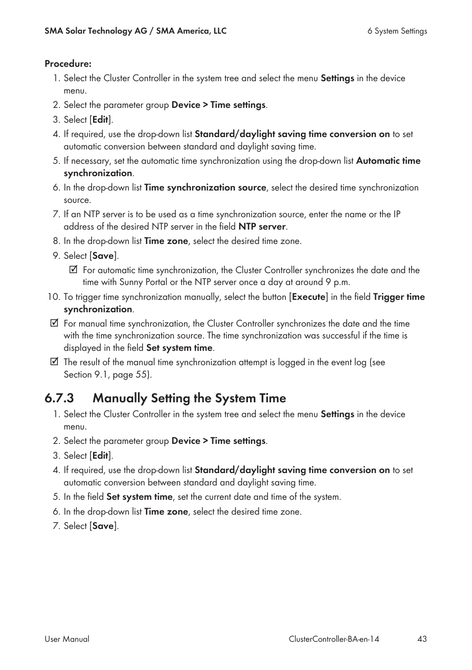 3 manually setting the system time, Manually setting the system time | SMA CLUSTER CONTROLLER User Manual | Page 43 / 118