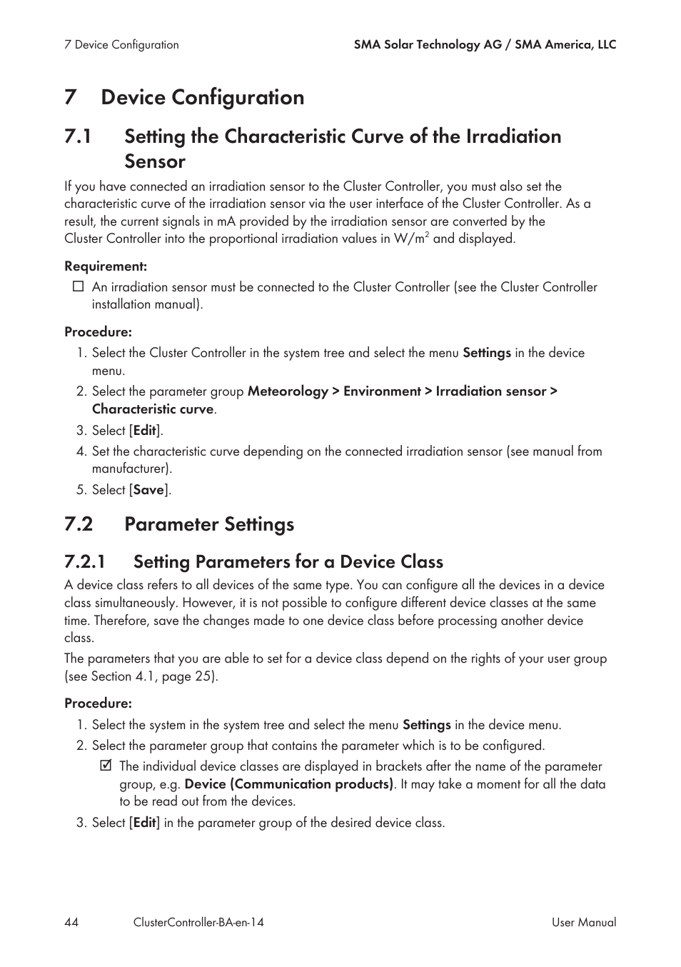 7 device configuration, 2 parameter settings, 1 setting parameters for a device class | Device configuration, Parameter settings, Setting parameters for a device class, 7device configuration | SMA CLUSTER CONTROLLER User Manual | Page 44 / 118