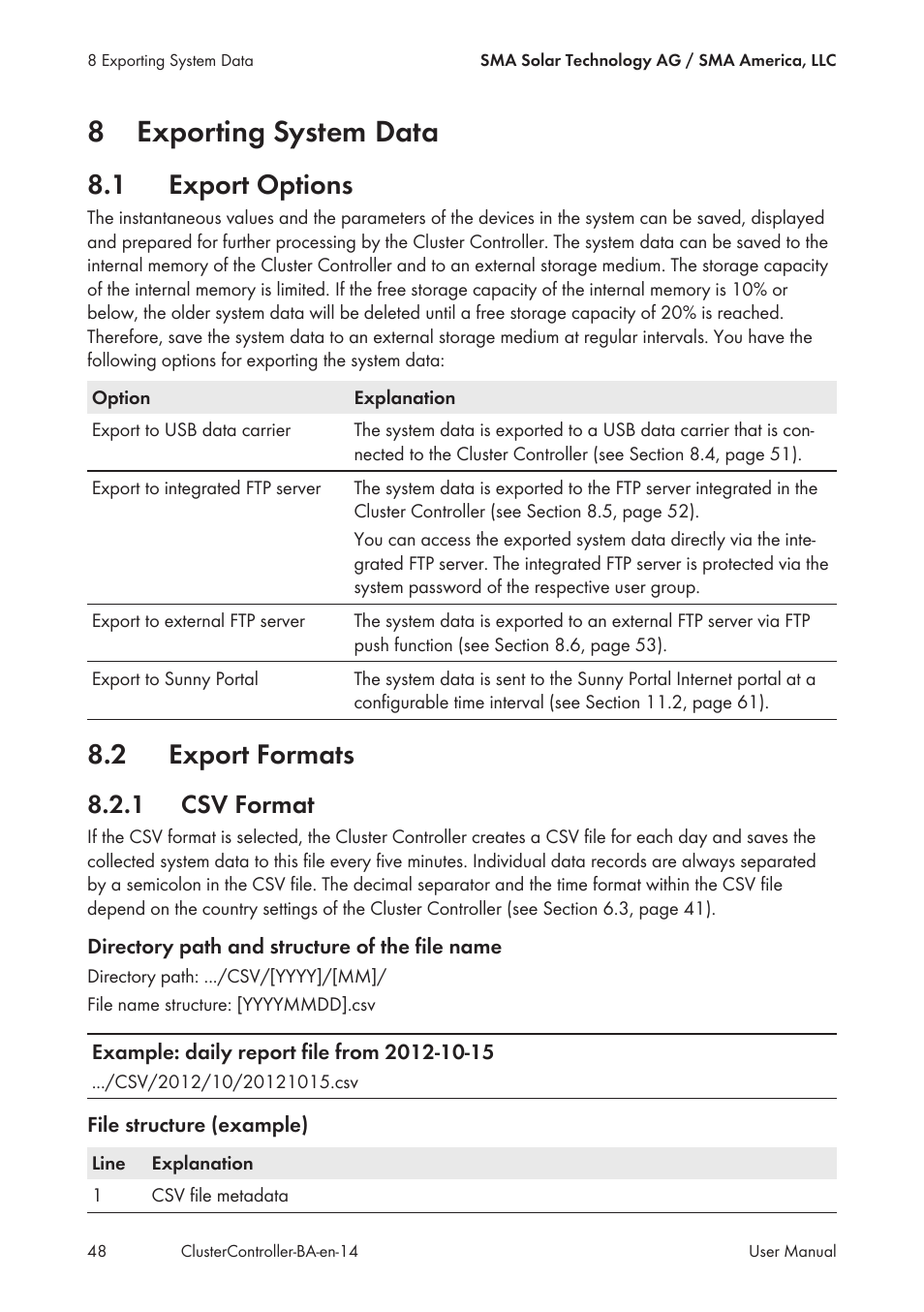 8 exporting system data, 1 export options, 2 export formats | 1 csv format, Exporting system data, Export options, Export formats, Csv format, 8exporting system data | SMA CLUSTER CONTROLLER User Manual | Page 48 / 118