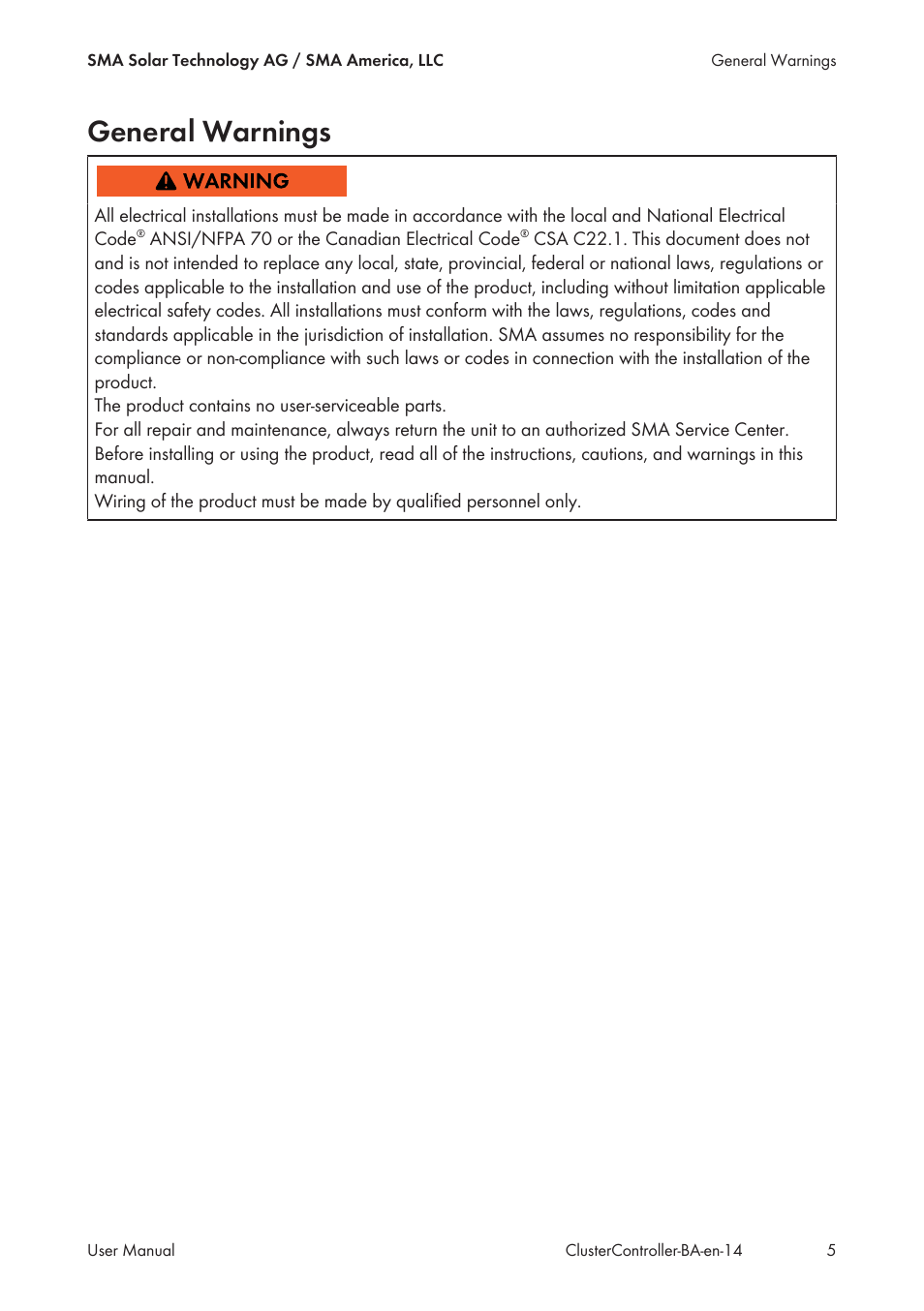 General warnings | SMA CLUSTER CONTROLLER User Manual | Page 5 / 118