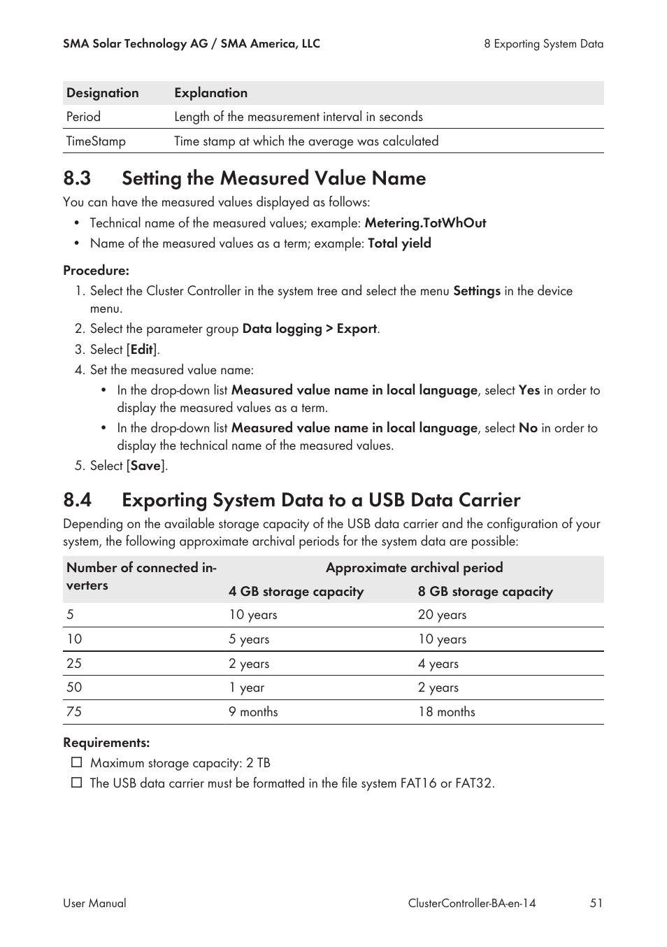 3 setting the measured value name, 4 exporting system data to a usb data carrier, Setting the measured value name | Exporting system data to a usb data carrier | SMA CLUSTER CONTROLLER User Manual | Page 51 / 118
