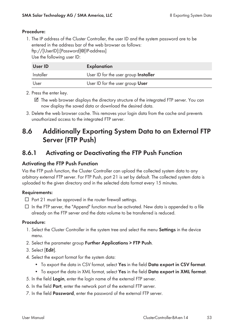 1 activating or deactivating the ftp push function, Activating or deactivating the ftp push function | SMA CLUSTER CONTROLLER User Manual | Page 53 / 118