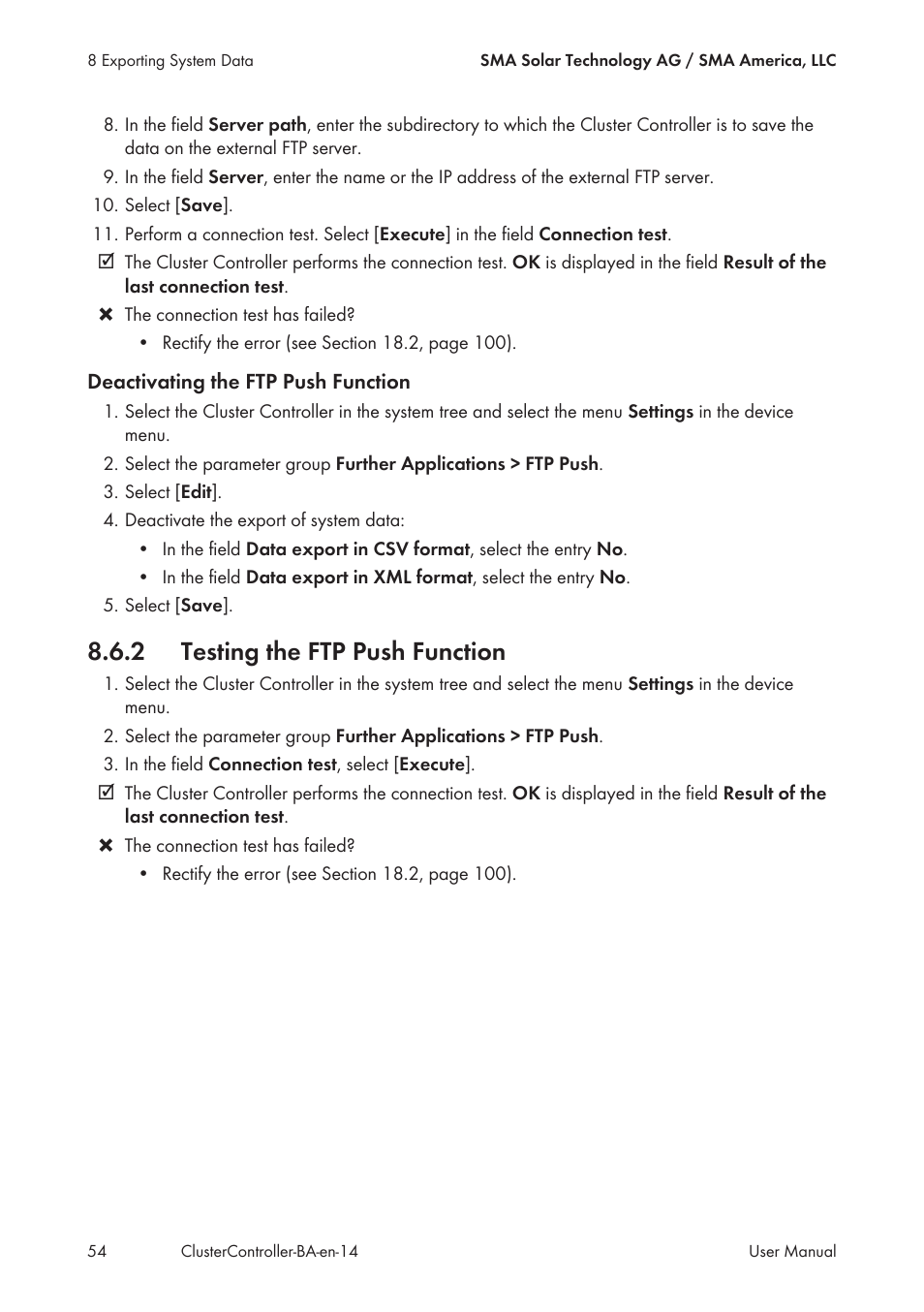2 testing the ftp push function, Testing the ftp push function | SMA CLUSTER CONTROLLER User Manual | Page 54 / 118