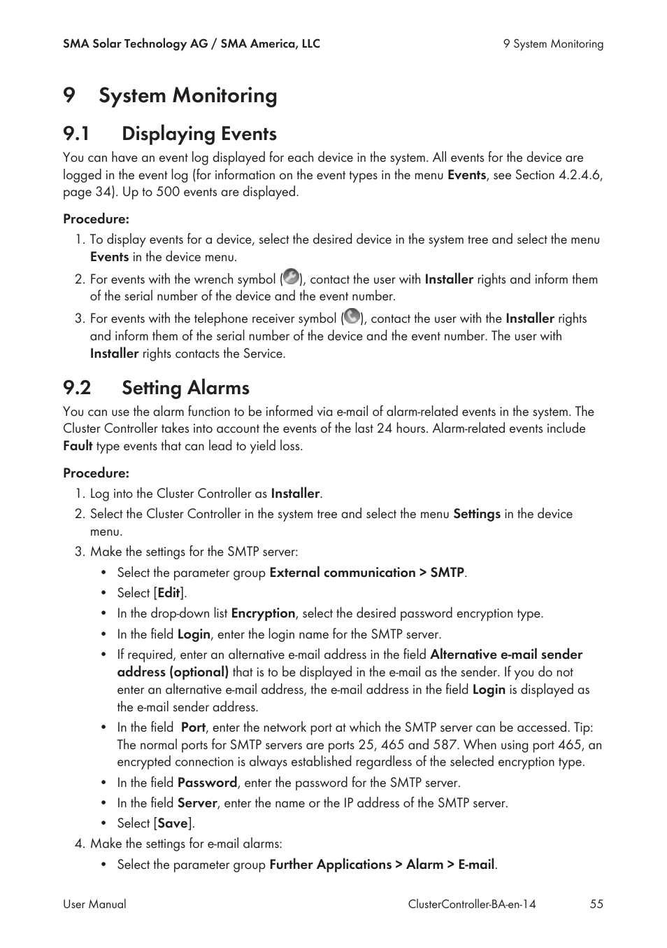 9 system monitoring, 1 displaying events, 2 setting alarms | System monitoring, Displaying events, Setting alarms, 9system monitoring | SMA CLUSTER CONTROLLER User Manual | Page 55 / 118