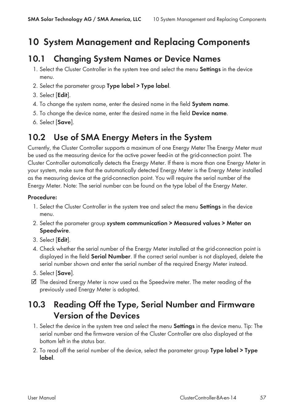 10 system management and replacing components, 1 changing system names or device names, 2 use of sma energy meters in the system | The devices | SMA CLUSTER CONTROLLER User Manual | Page 57 / 118