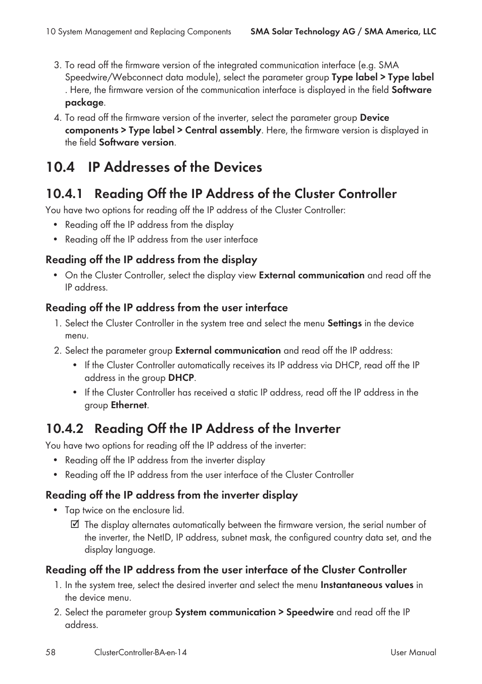 4 ip addresses of the devices, 2 reading off the ip address of the inverter | SMA CLUSTER CONTROLLER User Manual | Page 58 / 118