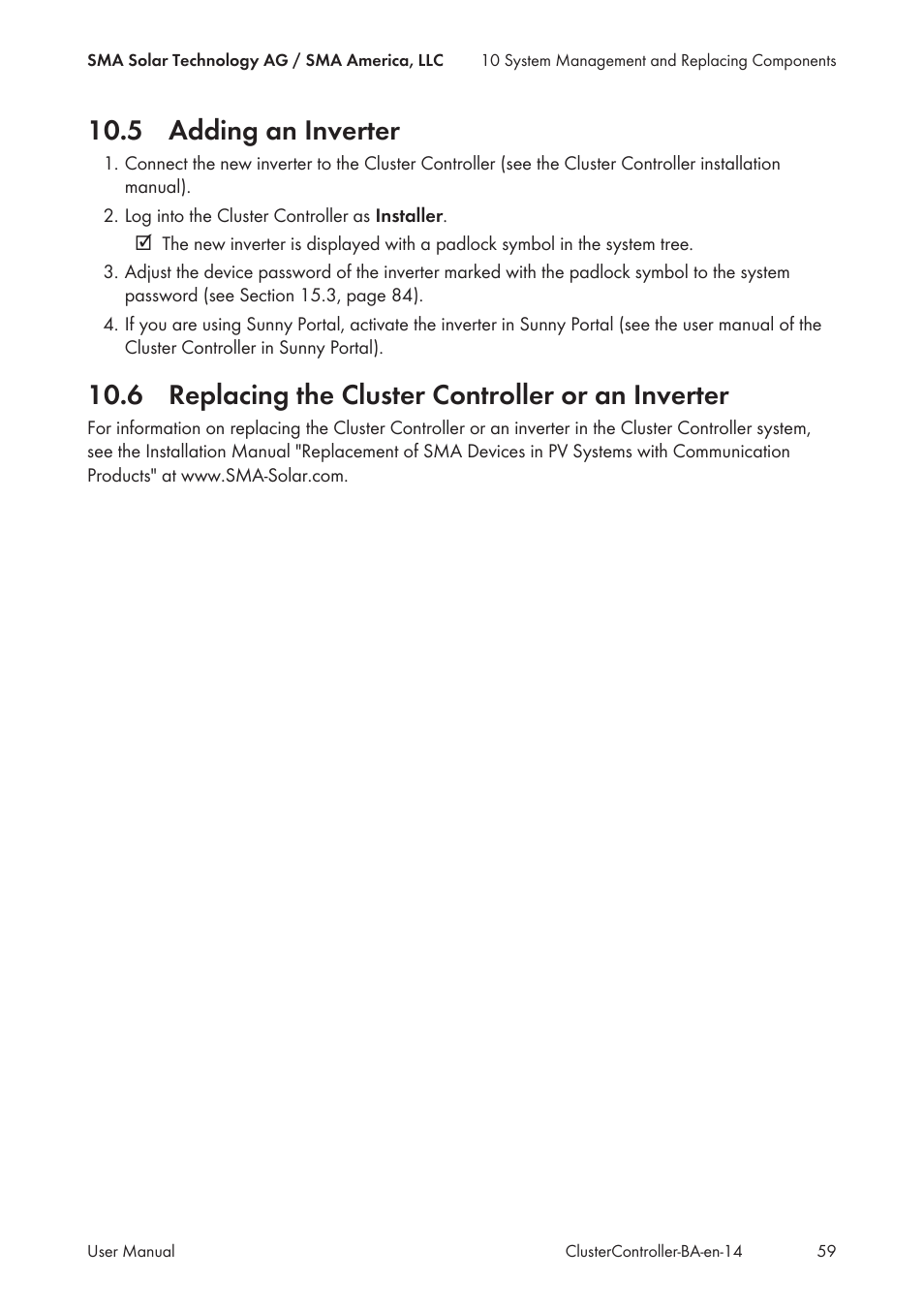 5 adding an inverter, 6 replacing the cluster controller or an inverter | SMA CLUSTER CONTROLLER User Manual | Page 59 / 118