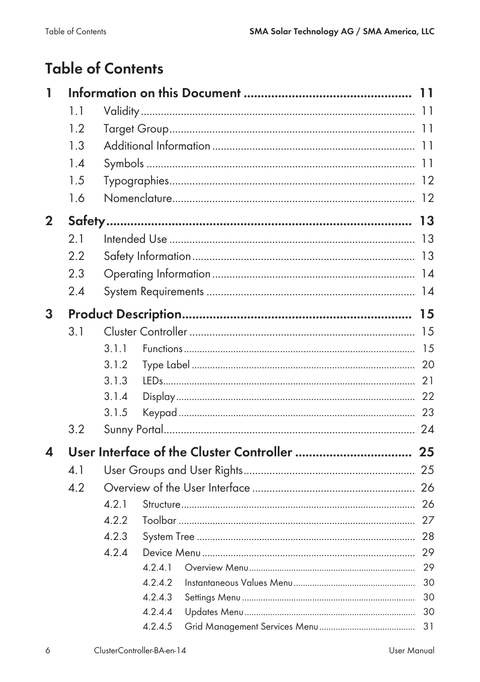 SMA CLUSTER CONTROLLER User Manual | Page 6 / 118