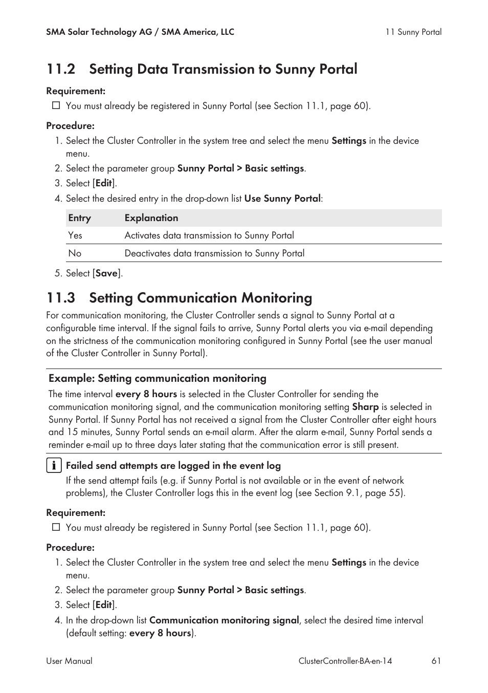 2 setting data transmission to sunny portal, 3 setting communication monitoring | SMA CLUSTER CONTROLLER User Manual | Page 61 / 118