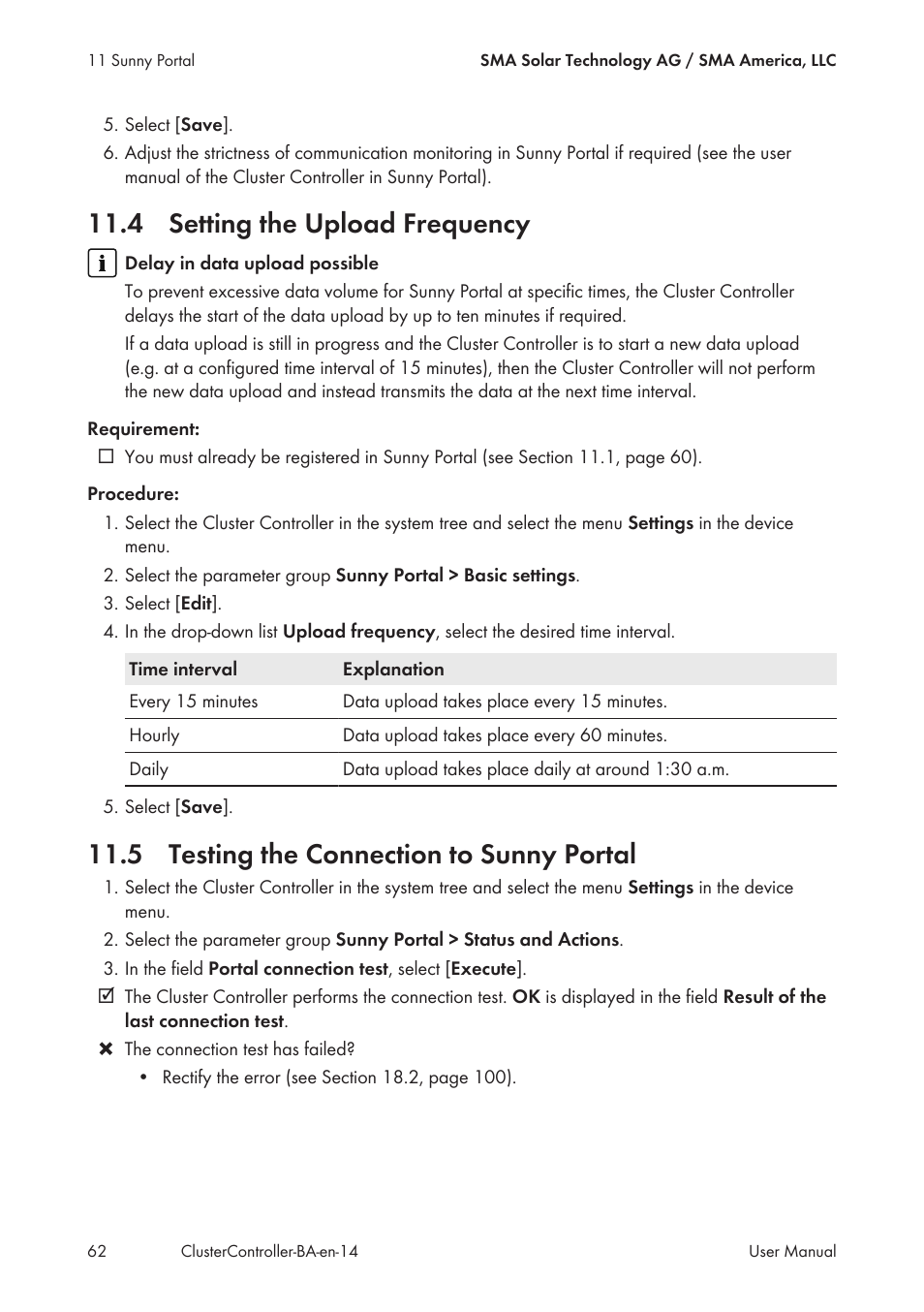 4 setting the upload frequency, 5 testing the connection to sunny portal | SMA CLUSTER CONTROLLER User Manual | Page 62 / 118