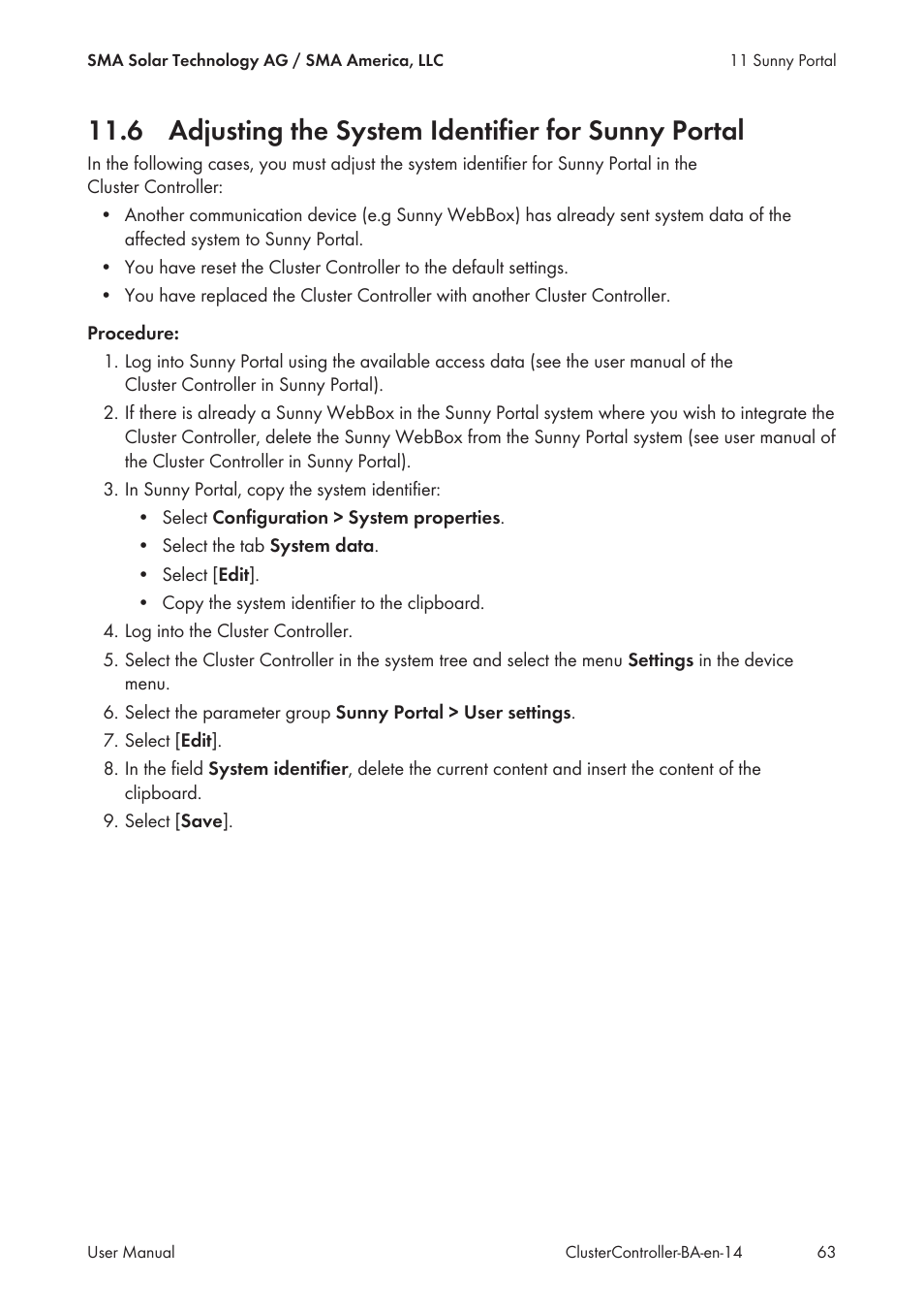 6 adjusting the system identifier for sunny portal | SMA CLUSTER CONTROLLER User Manual | Page 63 / 118