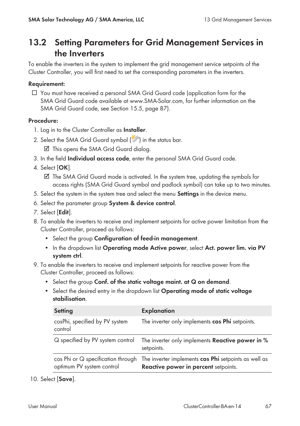 Inverters | SMA CLUSTER CONTROLLER User Manual | Page 67 / 118