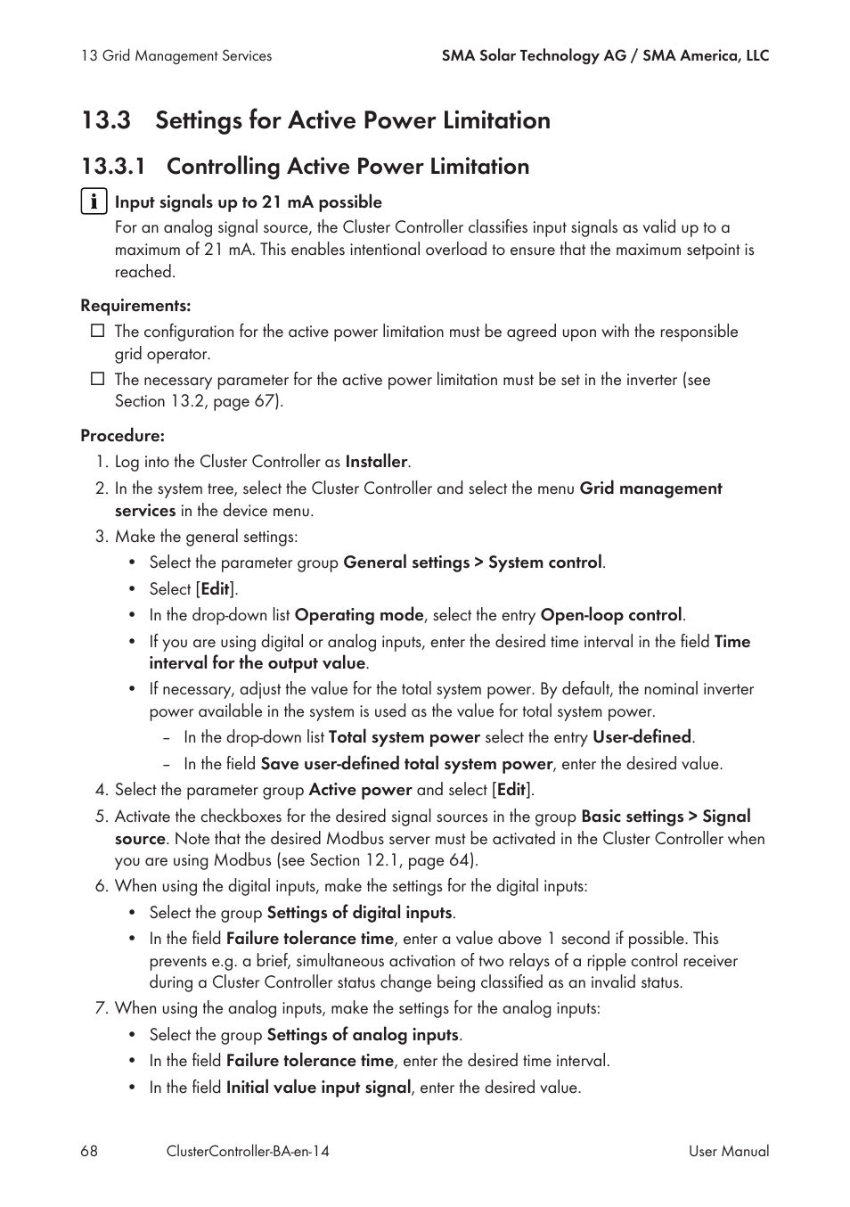 3 settings for active power limitation, 1 controlling active power limitation | SMA CLUSTER CONTROLLER User Manual | Page 68 / 118