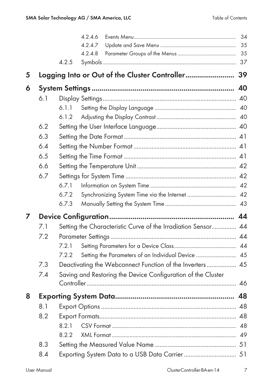 7device configuration, 8exporting system data | SMA CLUSTER CONTROLLER User Manual | Page 7 / 118