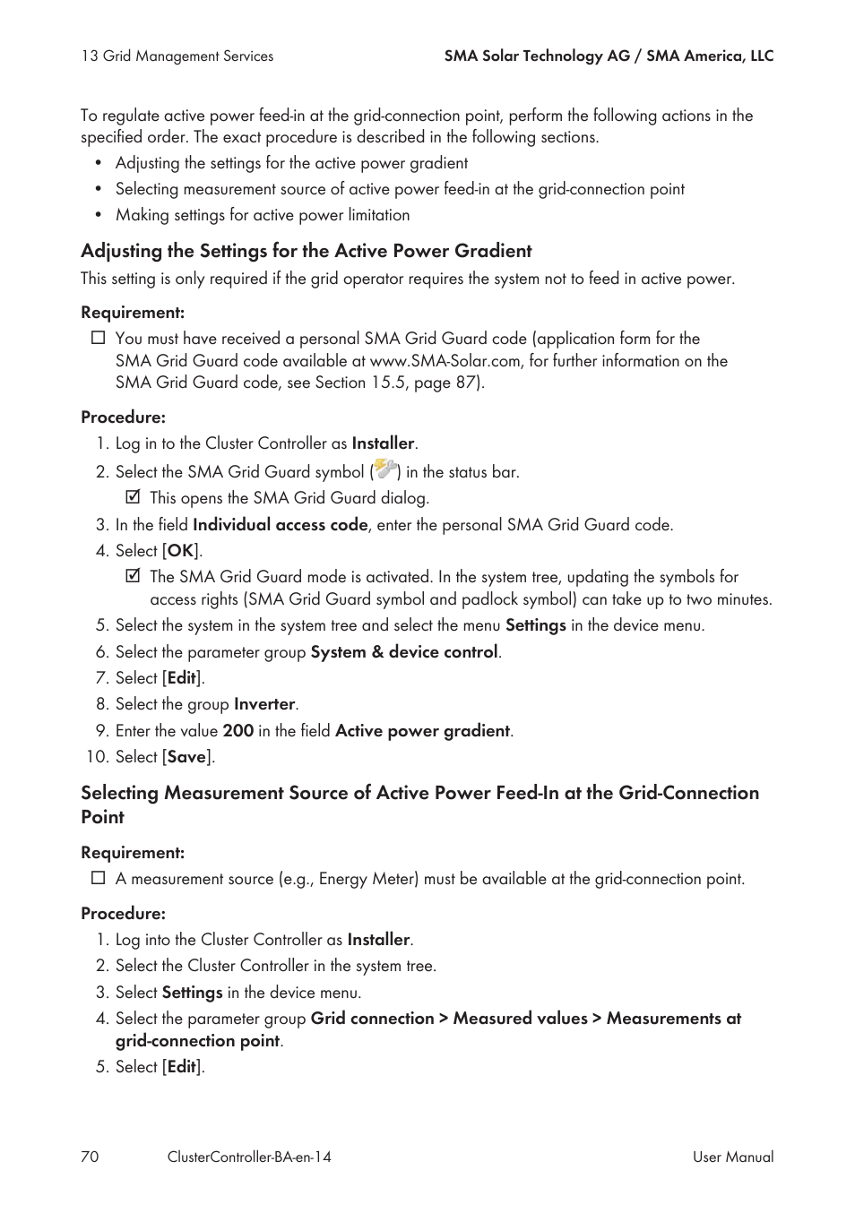 SMA CLUSTER CONTROLLER User Manual | Page 70 / 118
