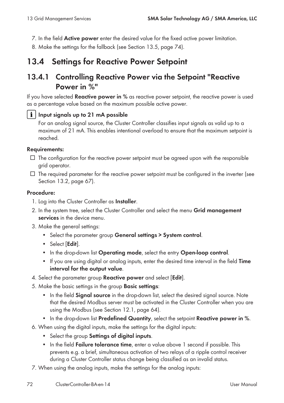 4 settings for reactive power setpoint | SMA CLUSTER CONTROLLER User Manual | Page 72 / 118