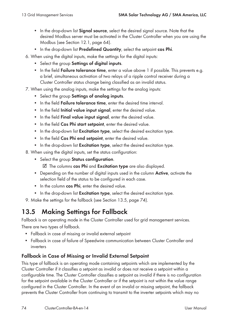 5 making settings for fallback | SMA CLUSTER CONTROLLER User Manual | Page 74 / 118
