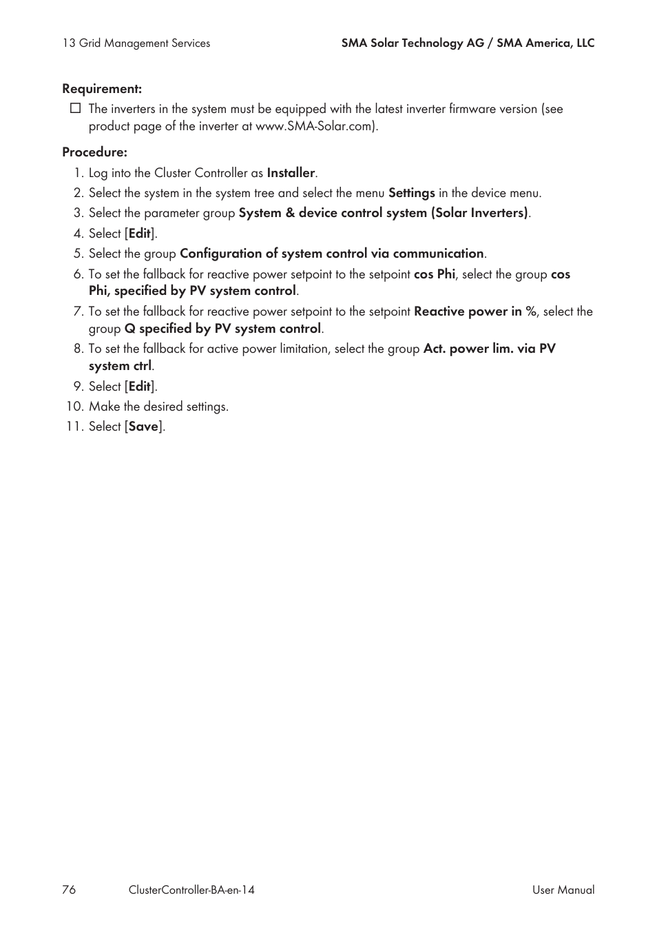 SMA CLUSTER CONTROLLER User Manual | Page 76 / 118