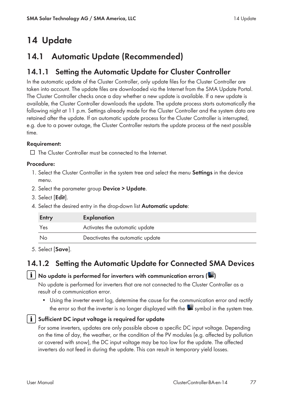 14 update, 1 automatic update (recommended) | SMA CLUSTER CONTROLLER User Manual | Page 77 / 118