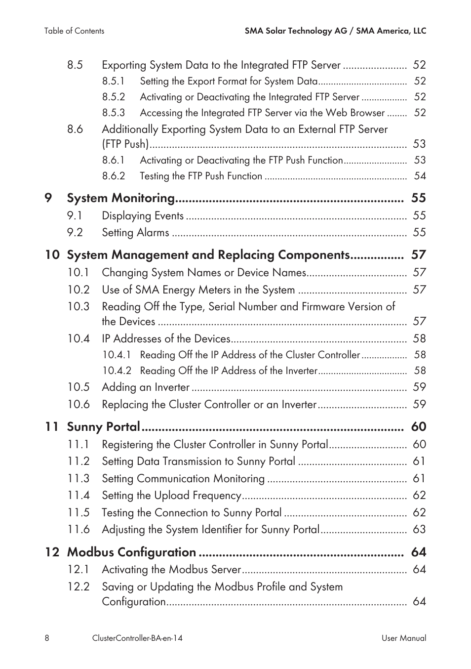9system monitoring, 10 system management and replacing components, 11 sunny portal | 12 modbus configuration | SMA CLUSTER CONTROLLER User Manual | Page 8 / 118