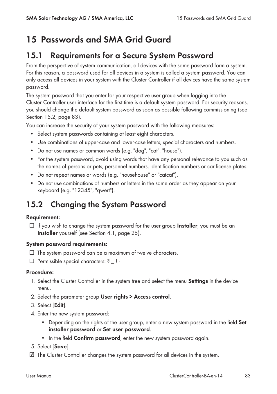 15 passwords and sma grid guard, 1 requirements for a secure system password, 2 changing the system password | SMA CLUSTER CONTROLLER User Manual | Page 83 / 118