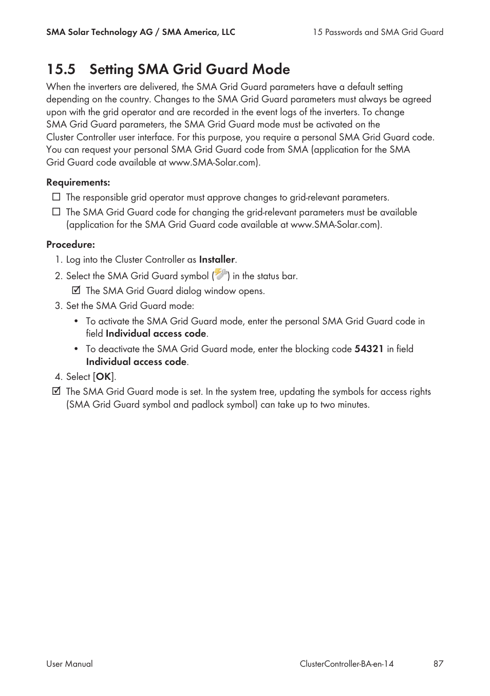 5 setting sma grid guard mode | SMA CLUSTER CONTROLLER User Manual | Page 87 / 118